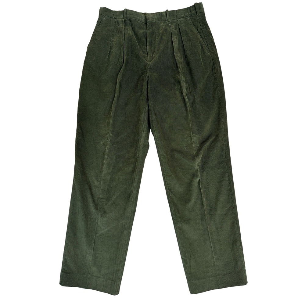 Lands End Corduroy Pants Mens 33 Green Pleated Cotton 64920